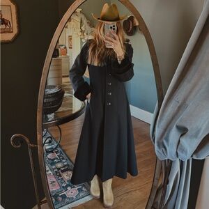 Vintage duster Long Black Wool Fur trim coat Hood cuffs sz 8p